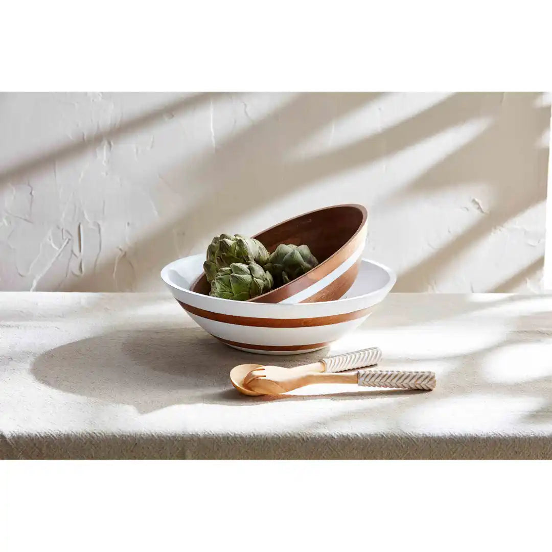 WOOD STRAP BOWL- Large White w/ Brown Stripe