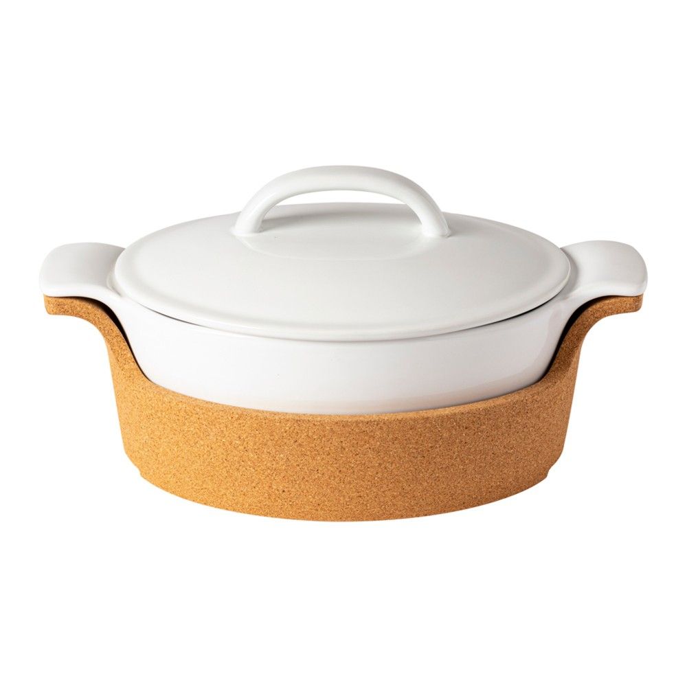 White Oval Casserole Dish with Cork Holder