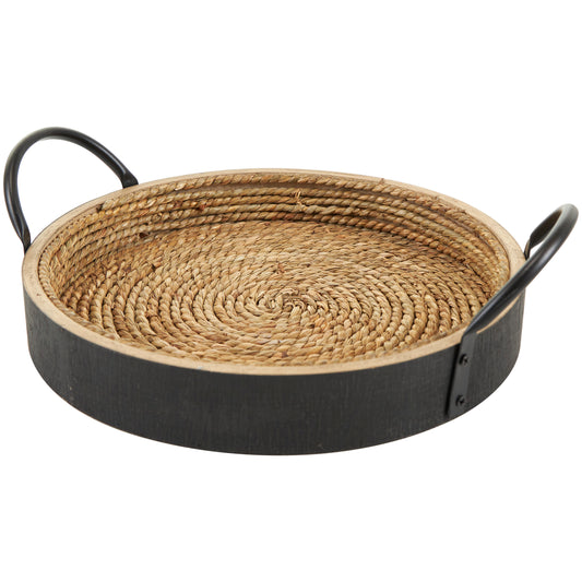 Black Large Round Woven Tray with Handles